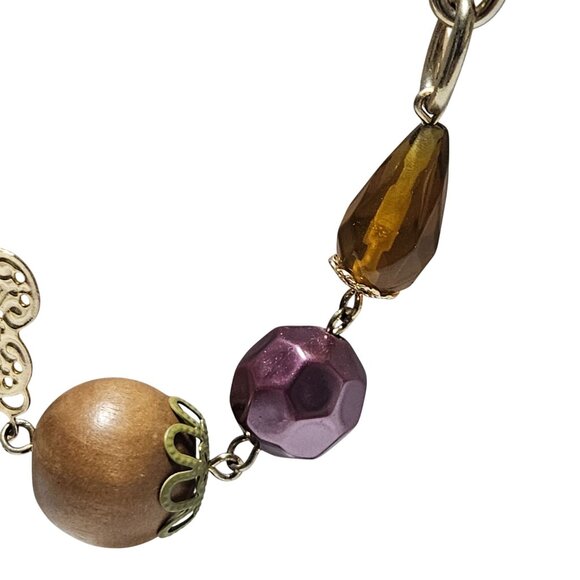 Handcrafted Beaded Gold Tone Chain Necklace Mixed Beads Decorative Charms Women - Picture 3 of 7